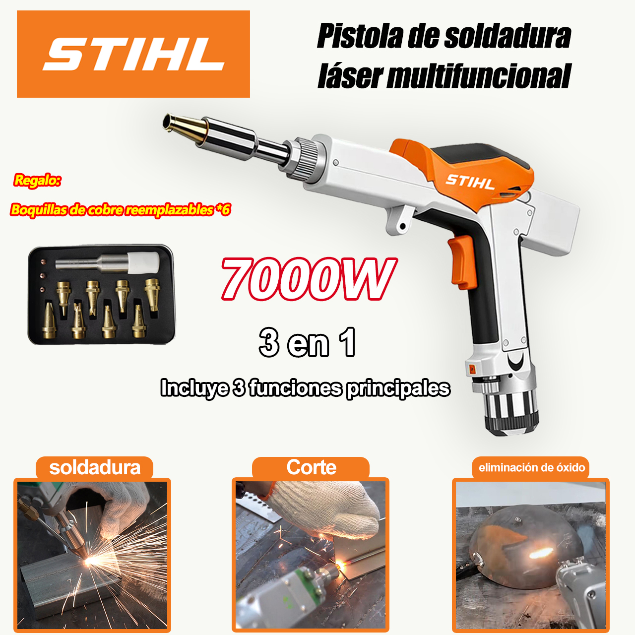 Pistola de soldadura láser 3 en 1 de 7000 W (soldadura, corte y eliminación de óxido)