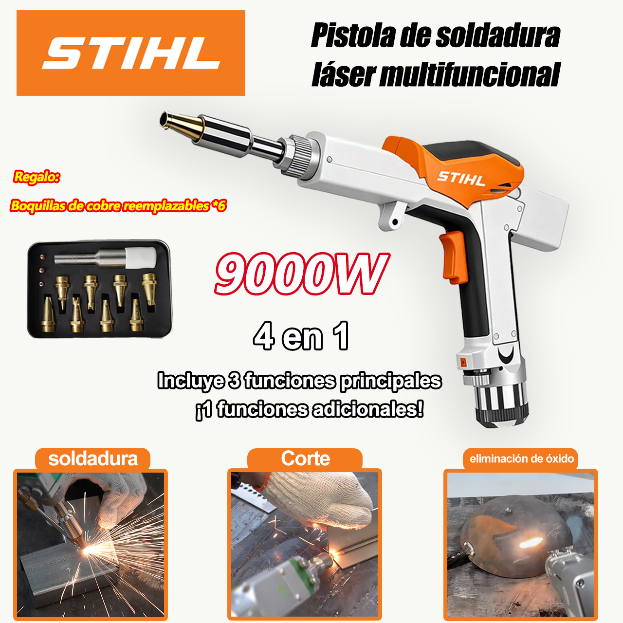 Pistola de soldadura láser 4 en 1 de 9000 W (soldadura, corte, eliminación de óxido y acabado de soldadura)
