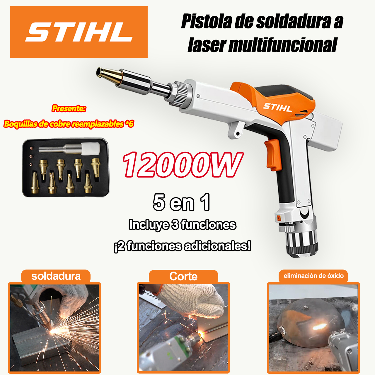 Pistola de soldadura láser 5 en 1 de 12000 W (soldadura, corte, eliminación de óxido, acabado de soldadura y perforación)